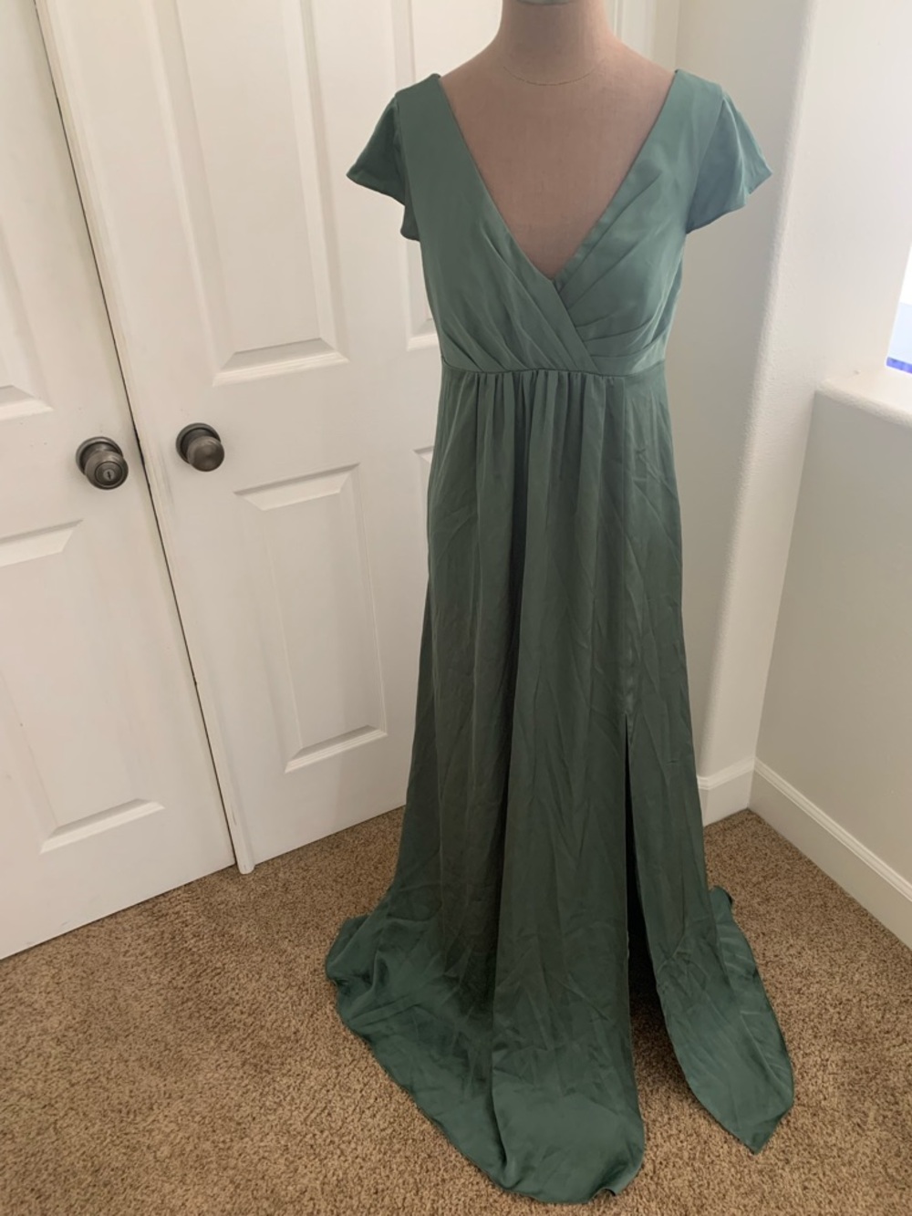 Azazie Elegant Sage Green V-Neck Maxi Dress
